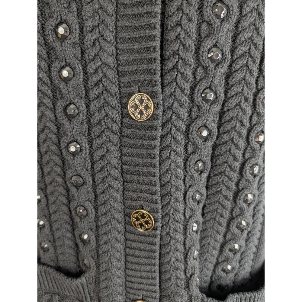 C Wonder Black Cable Knit Studded Cardigan Sweater XXS Gold Buttons Pockets - Picture 6 of 13